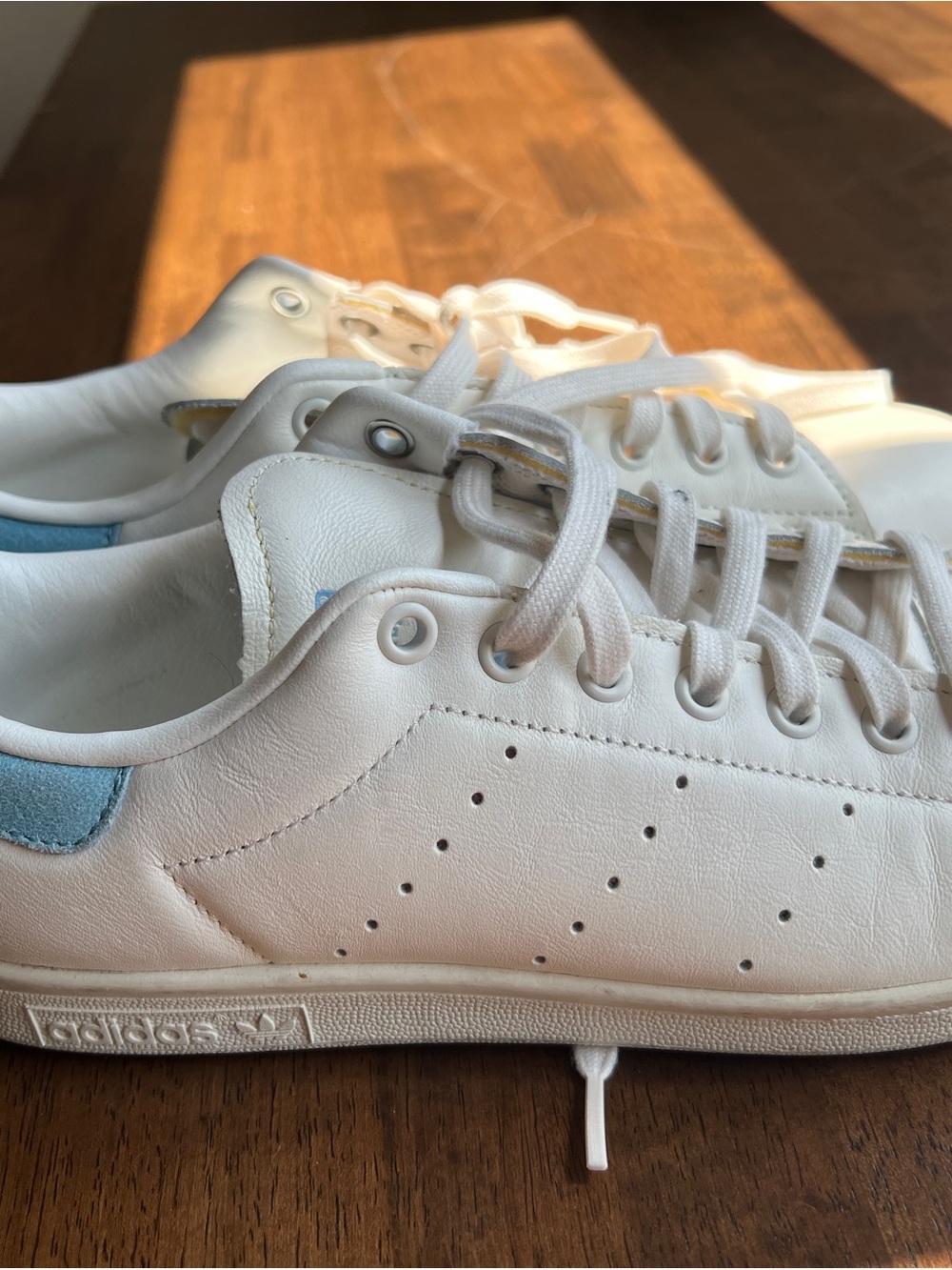 adidas Stan Smith White Leather Sneakers with Light Blue Heel Tab
